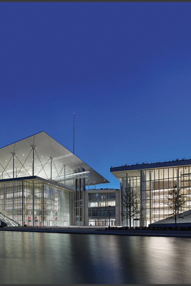 Greek National Opera venue at dusk.